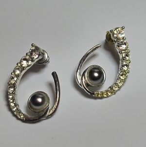 Silver-Tone Crescent Earrings with Gray Pearl and Yellow Crystal Accents